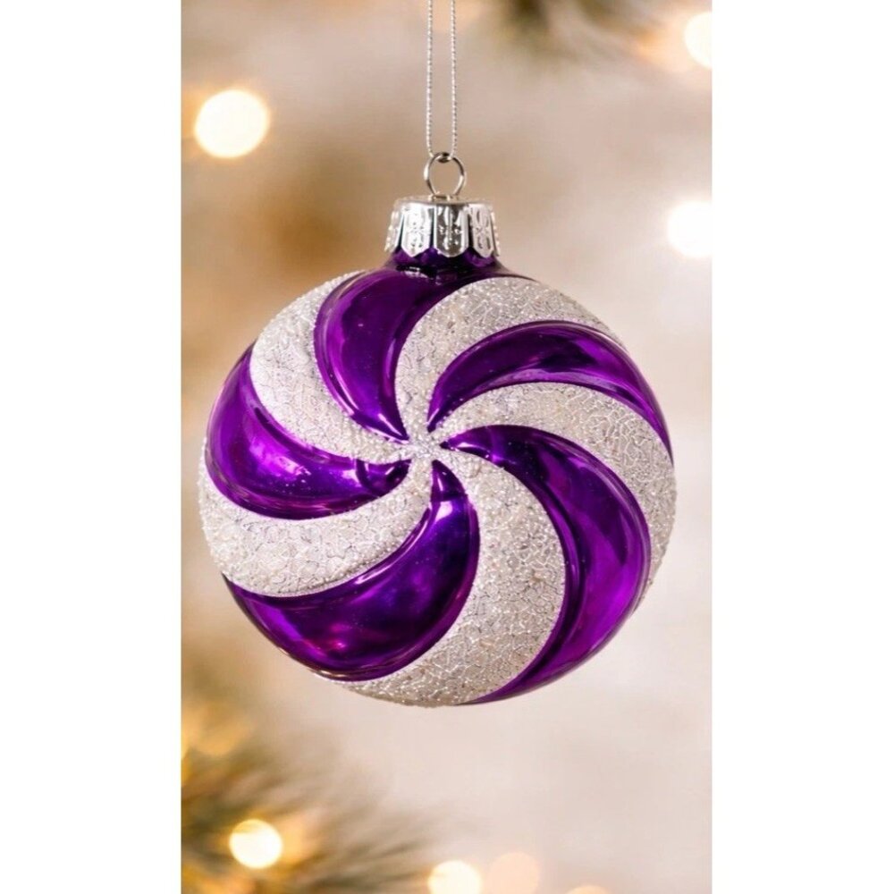 Purple Silver Swirl Glass Christmas Ornament Peppermint Style Glitter 4”
